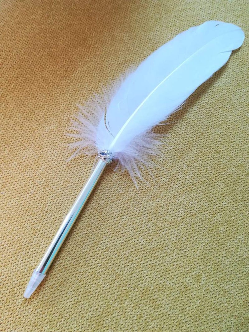 OPENDGO Feather Ballpoint Pen ï¼ŒBlack Ink Vintage Feather Quill Refined Plated Rod Quill Ballpoint Pen For School Writing â–Wedding Gift Signature Pen (White) - Image 4